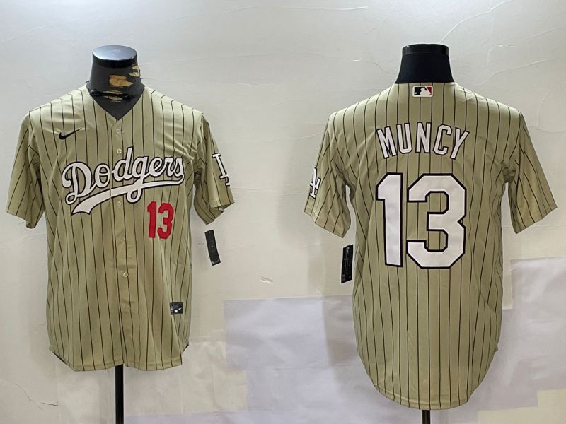 Men Los Angeles Dodgers 13 Muncy Green Stripe Game 2024 Nike MLB Jersey style 1